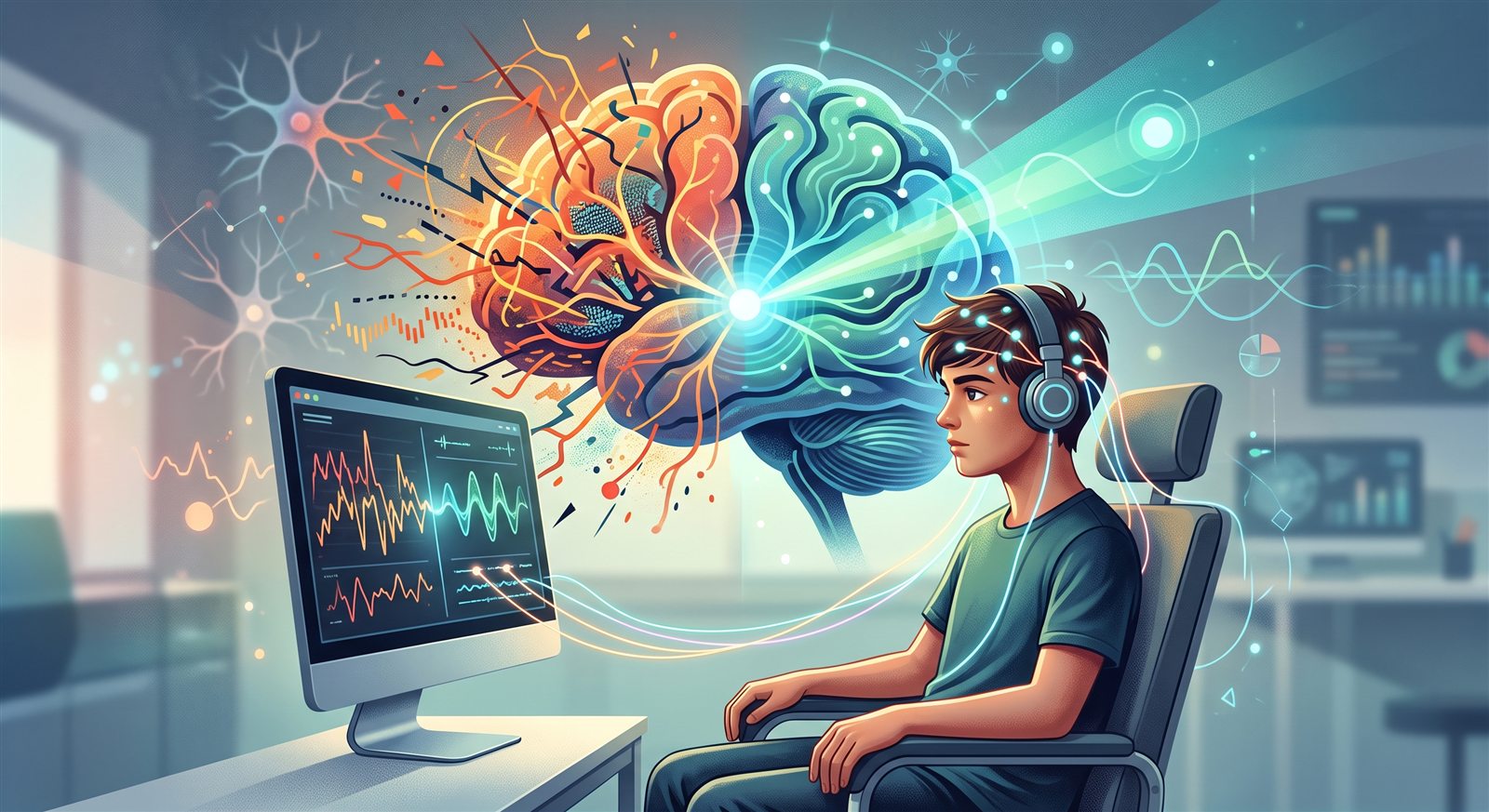 درمان ADHD با نوروفیدبک؛ نوجوانی با هدست EEG روبروی مانیتور امواج مغزی، در حال تمرین تمرکز