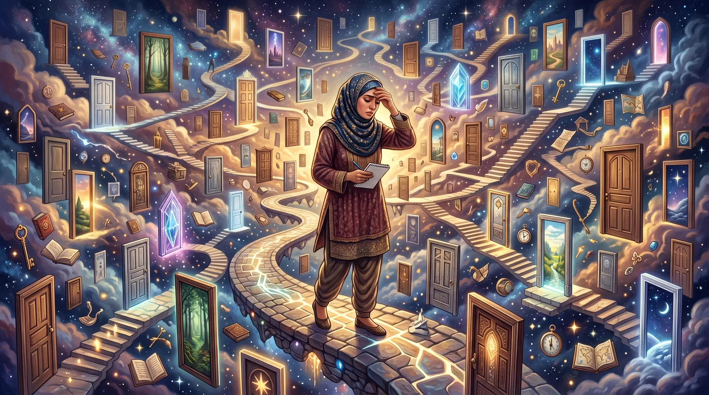 زنی سردرگم روی مسیری سنگی میان بیشمار در و پلکان، نمادی از خستگی تصمیم و فلج انتخاب