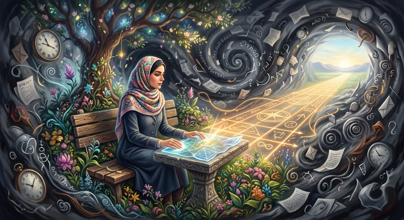 زنی در حال ترسیم مسیر روشن روی نقشهای درخشان میان گردباد افکار آشفته، استعارهای از تصمیمگیری تحت استرس