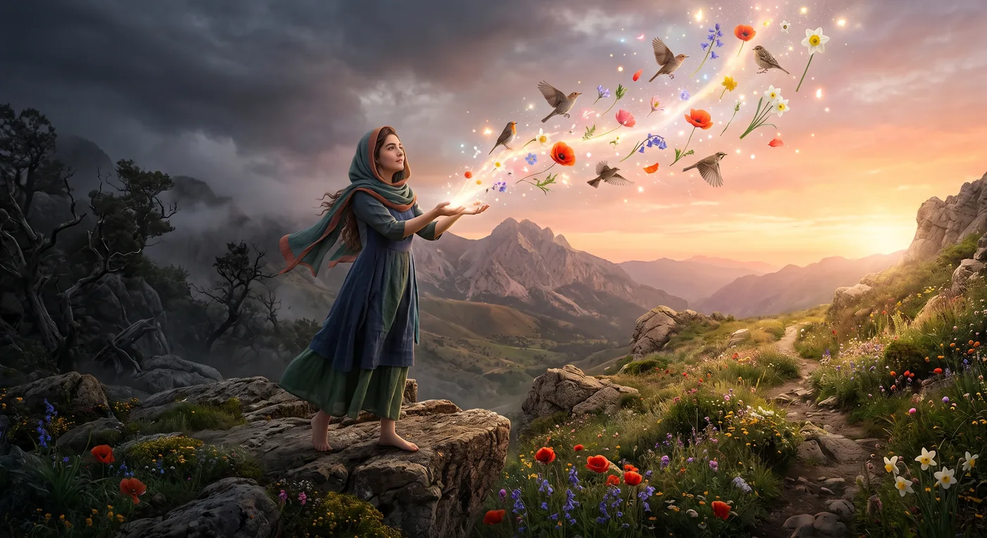 زن در طبیعت در حال رهاسازی نور و انرژی مثبت، استعارهای از بهبود خلق در درمان نوین افسردگی