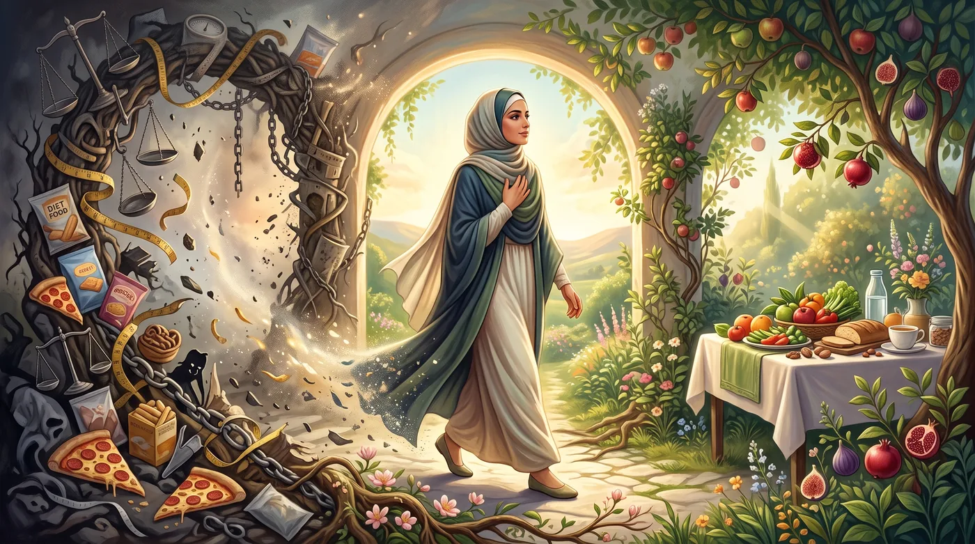 زنی از غاری تاریک پر از قرص رژیمی و ترازو به سمت باغی سرسبز و میز غذای سالم قدم برمیدارد، استعارهای از رهایی در چرخه رژیم و پرخوری