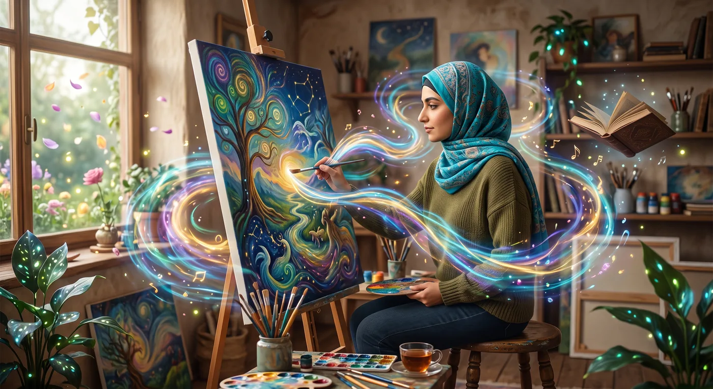 زنی نقاش کاملاً غرق در کار خود با گردبادی از نور و موسیقی دور او، نمادی از تجربه حالت جریان