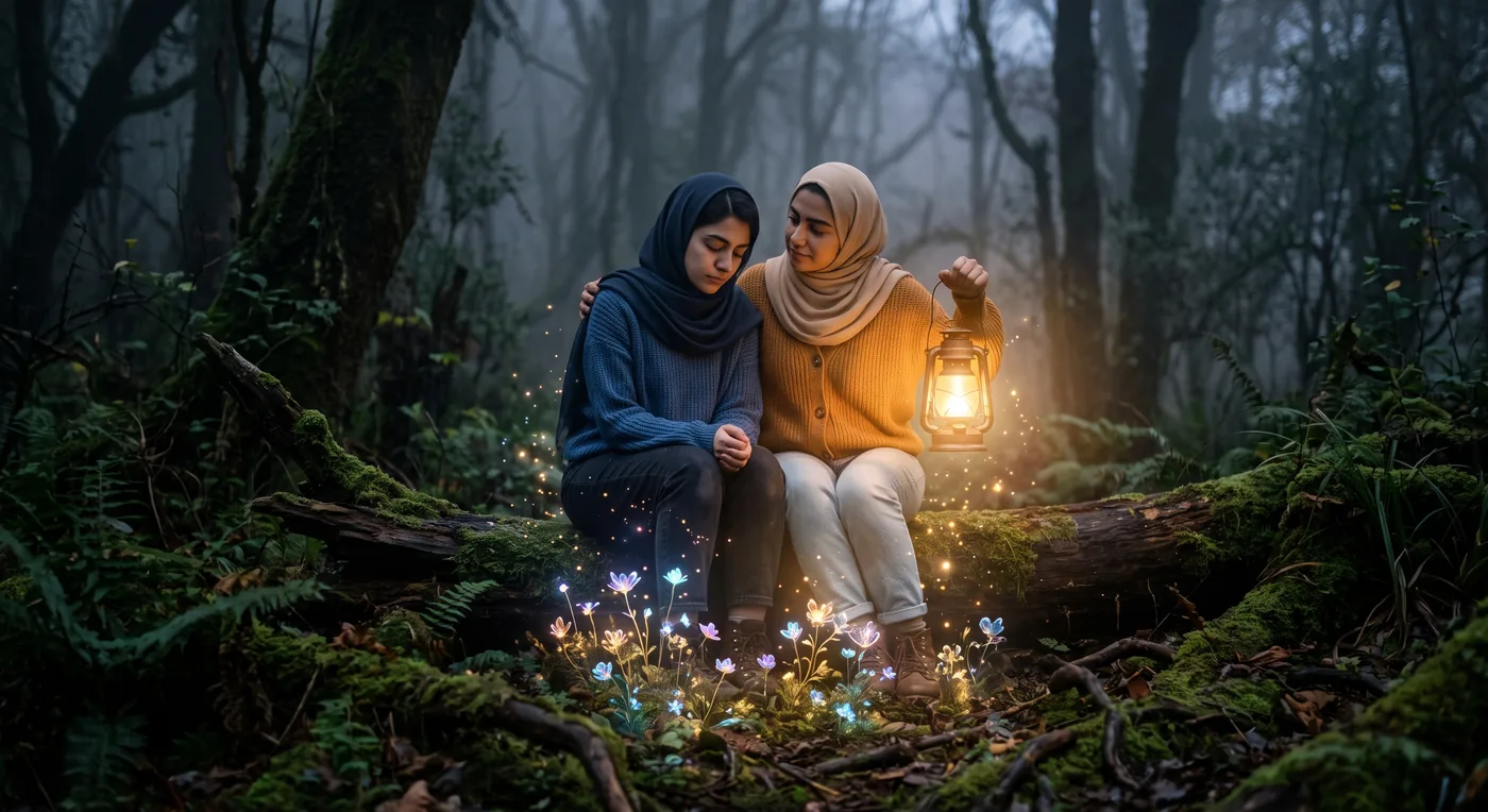 دو دوست در جنگل تاریک با فانوس روشن کنار هم نشستهاند، نمادی از همراهی و کمک به دوست افسرده در تاریکی افسردگی