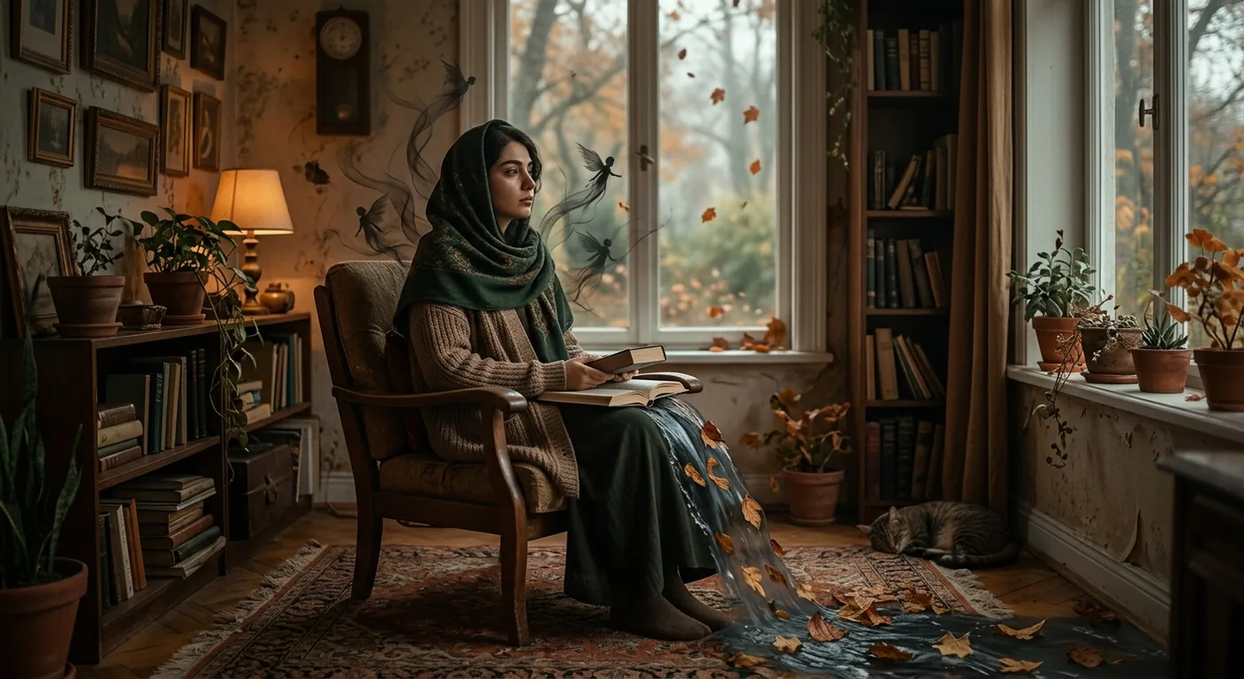 زنی تنها در حال مطالعه با سایههای محو و برگهای ریخته در اتاق، نمادی از غم پنهان و نشانههای پنهان افسردگی