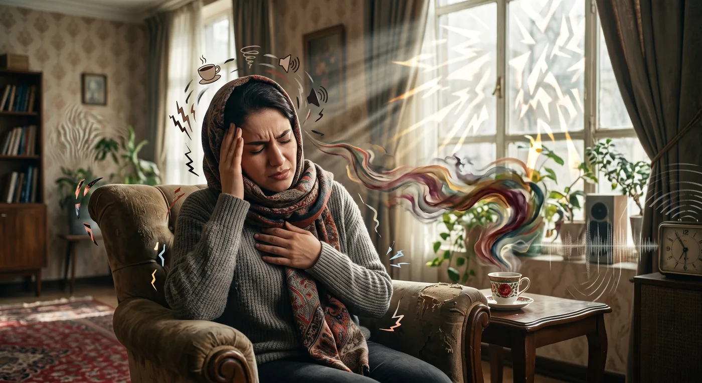 زنی با سردرد و نمادهای صدا، نور و قهوه در اطرافش، استعاره‌ای از محرک‌های میگرن