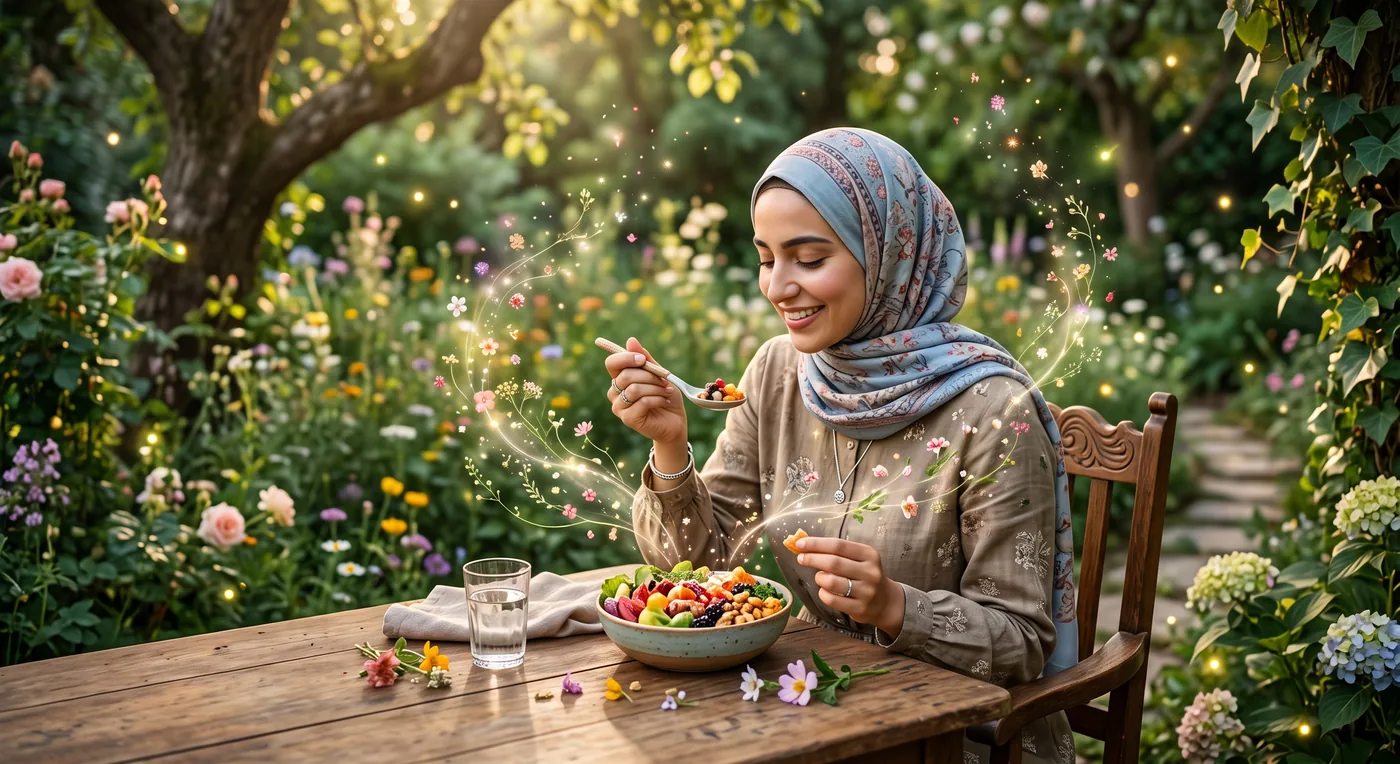 زنی شاد در باغ گل در حال خوردن آگاهانه و لذت بردن از هر لقمه غذا