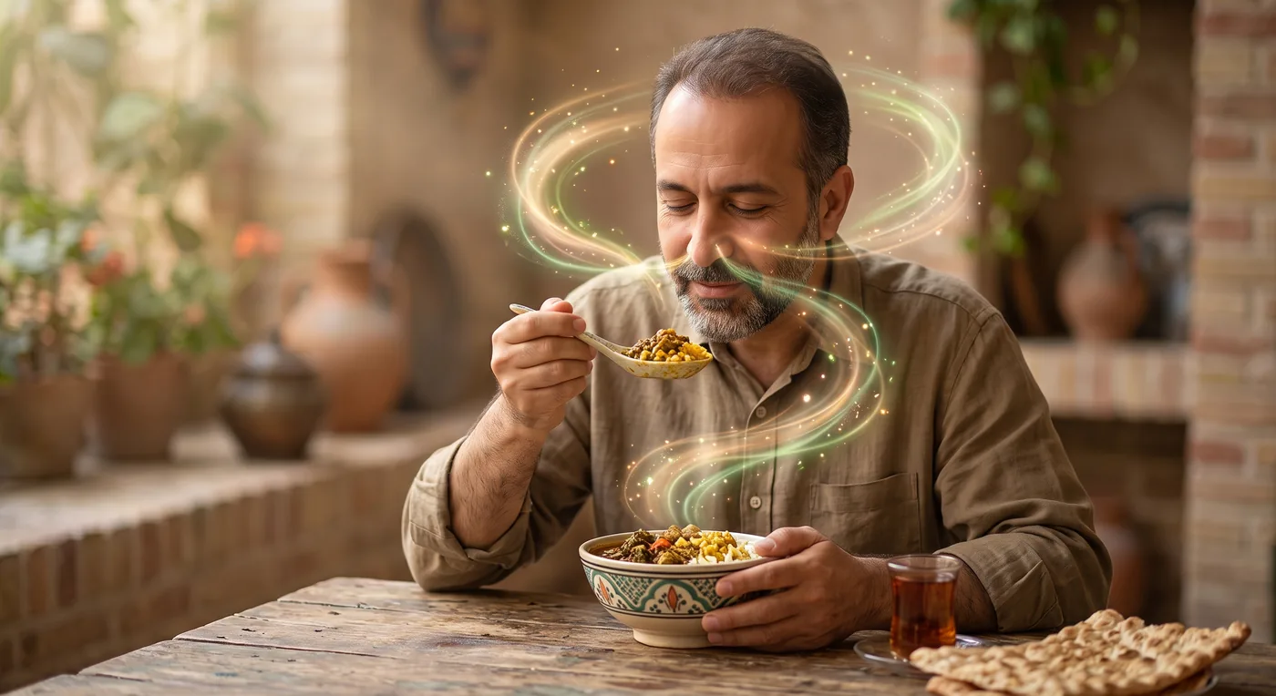مردی در حال بوییدن و لذت بردن از غذا پیش از خوردن با هاله‌ای حسی دور صورتش، استعاره‌ای از خوردن آگاهانه