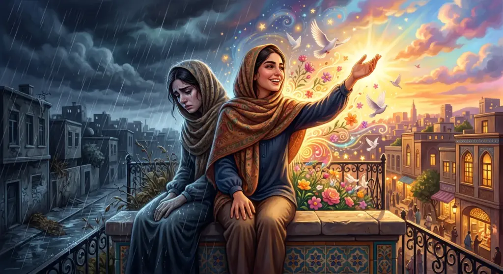 دو زن کنار هم، یکی غمگین زیر باران و دیگری شاد زیر آفتاب، نمادی از تفاوت نوسانات خلقی و اختلال دوقطبی