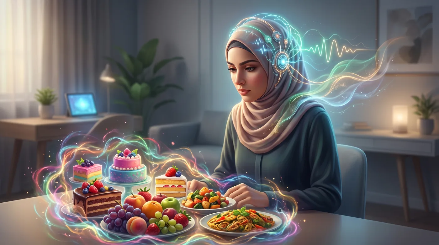 زنی با هدست نوروفیدبک روبهروی غذای سالم و شیرینی، نمادی از انتخاب آگاهانه در نوروفیدبک برای کنترل خوردن