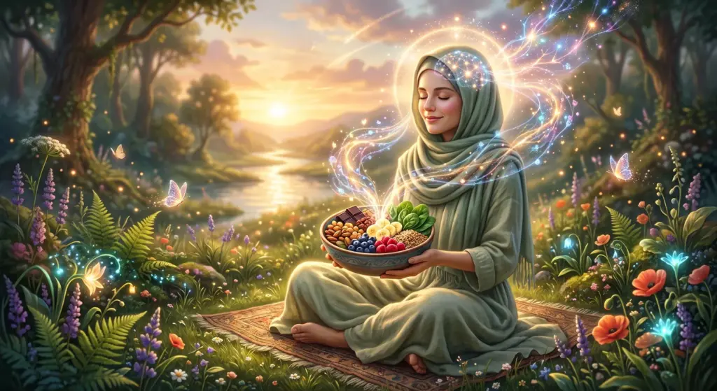 زنی در طبیعت با کاسه‌ای از مغزها و میوه‌های تازه، نمادی از نقش تغذیه و سروتونین در بهبود خلق