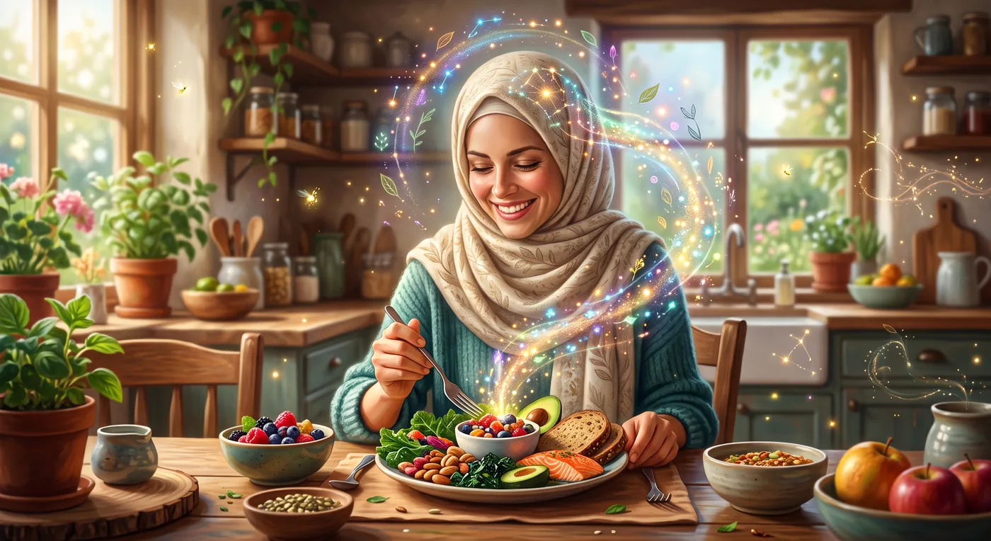 زنی در حال خوردن صبحانهای سالم و رنگارنگ در آشپزخانه، استعارهای از تاثیر تغذیه و سروتونین بر خلق