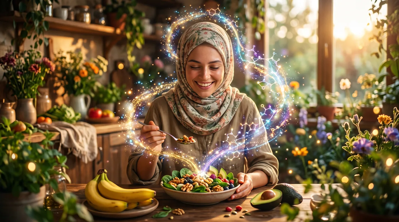 زنی شاد در حال خوردن غذایی مغذی با نمادهای مولکولی درخشان، تصویری از ارتباط تغذیه و سروتونین