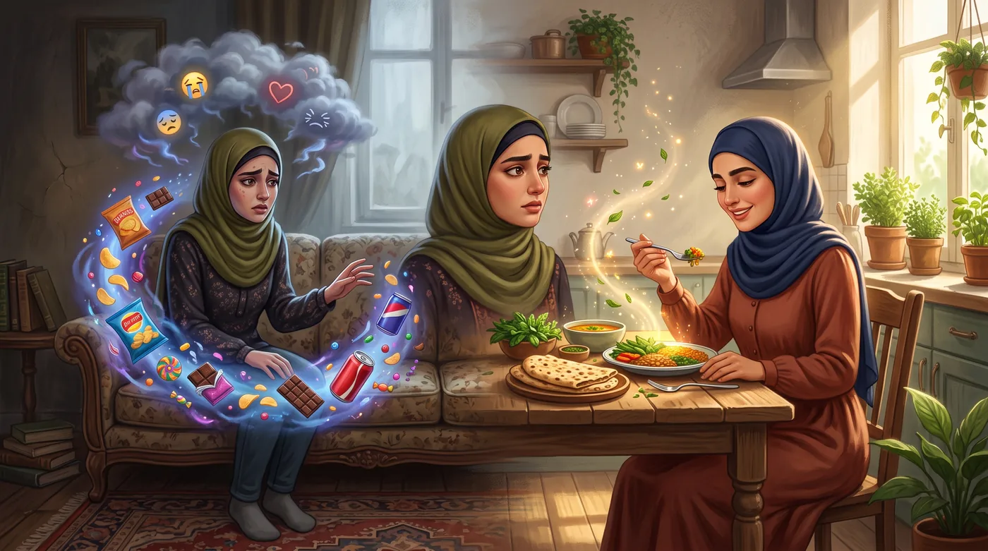 دو زن، یکی مضطرب در محاصره تنقلات و دیگری آرام در حال خوردن غذای سالم، نمادی از تفاوت گرسنگی فیزیکی و احساسی