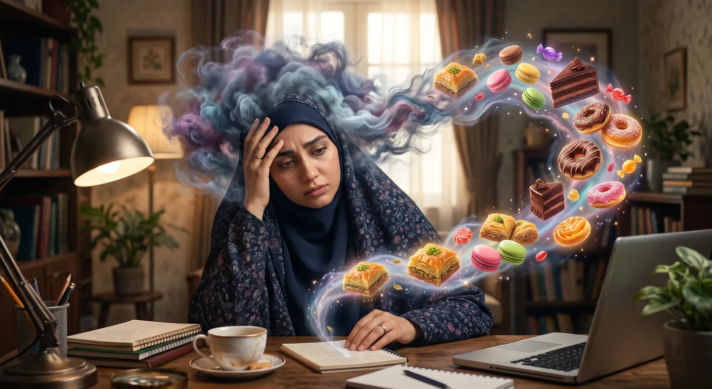 زنی مضطرب با موهای طوفانی و گردبادی از شیرینی‌های رنگارنگ دور دستانش، نمادی از استرس و ولع قند