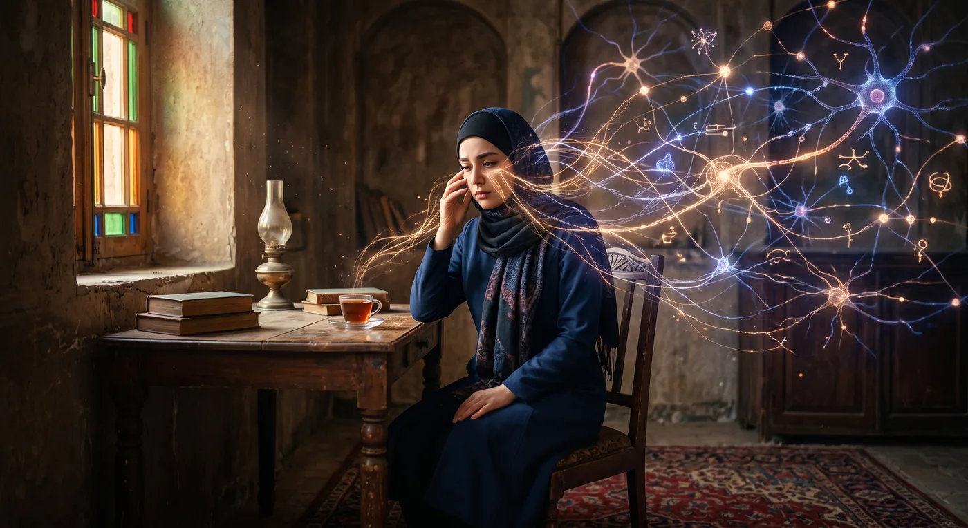 زنی با شبکه‌ای از نورون‌های درخشان و نمادهای ژنتیکی و ایمنی در اطرافش، استعاره‌ای از علل تیک عصبی