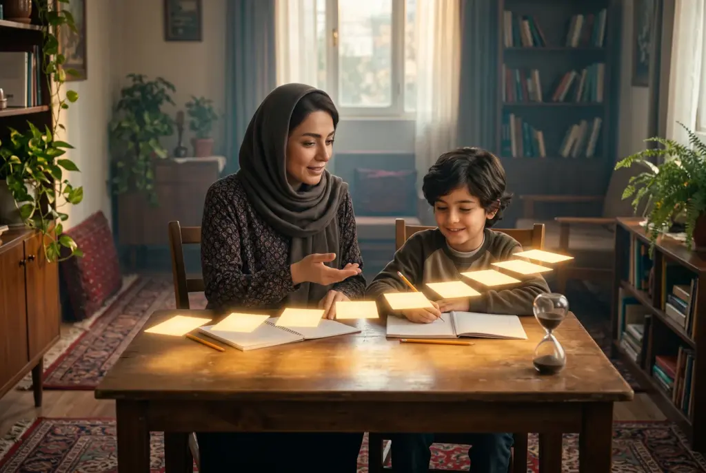 مادر و پسر پشت میز تکلیف؛ کارتهای نورانی کوچک بهصورت مرحلهبهمرحله بالای میز، نمادی از تقسیم کار به قدمهای کوتاه