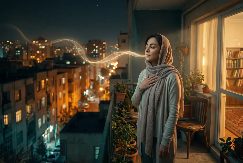 زنی روی بالکن در شب که با بازدم آرام، نوار نوری از نفسش میگذرد؛ نمادی از تمرین تنفس هنگام حملهی پانیک