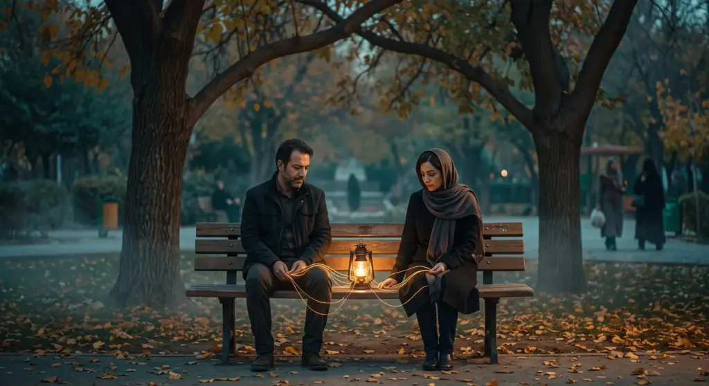 زوجی با فاصله روی نیمکت؛ فانوس و نخهای نور میانشان، نمادی از پیوند و گفتگو؛ تصویر صفحهی مشاوره زوج در اصفهان