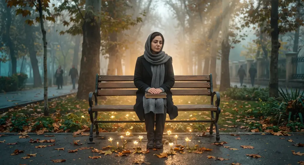 زنی خسته روی نیمکت پارک در صبحی مهآلود؛ پرتو نور و گلهای کوچک نورانی کنار پایش، تصویری از همراهی و امید در افسردگی؛ تصویر صفحهی درمان افسردگی در اصفهان