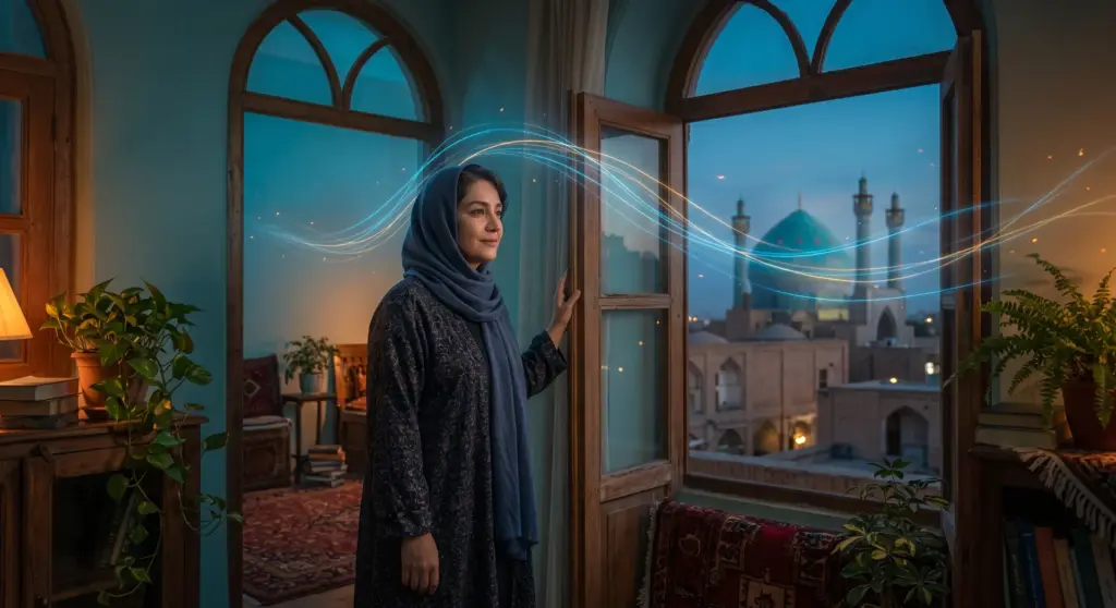 زنی آرام کنار پنجرهای قدیمی با گنبد کاشیکاری اصفهان در پسزمینه؛ امواج نورانی منظم از سرش پخش میشود، تصویری از تمرین الگوی مغز در نوروفیدبک؛ تصویر صفحهی نوروفیدبک اصفهان