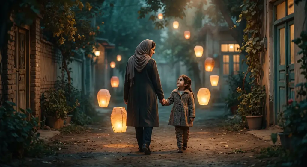 مادر و دختر کوچک دستدردست در مسیری با فانوسهای شناور؛ نمادی از همراهی والد و فرزند؛ تصویر صفحهی مشاوره فرزندپروری در اصفهان
